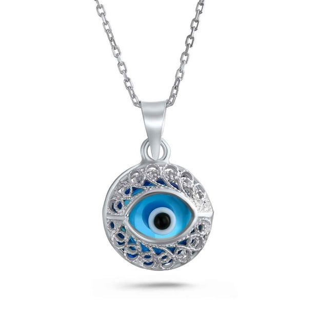 925 Sterling Silver Filigree Womens Blue Evil Eye Hamsa Pendant Necklace White